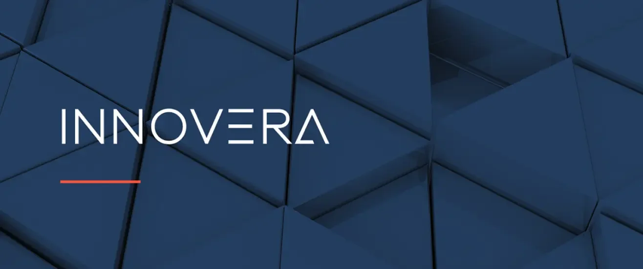 INNOVERA brand logo on a blue 3D geometric background, an AI-powered innovation solution by Prototipo