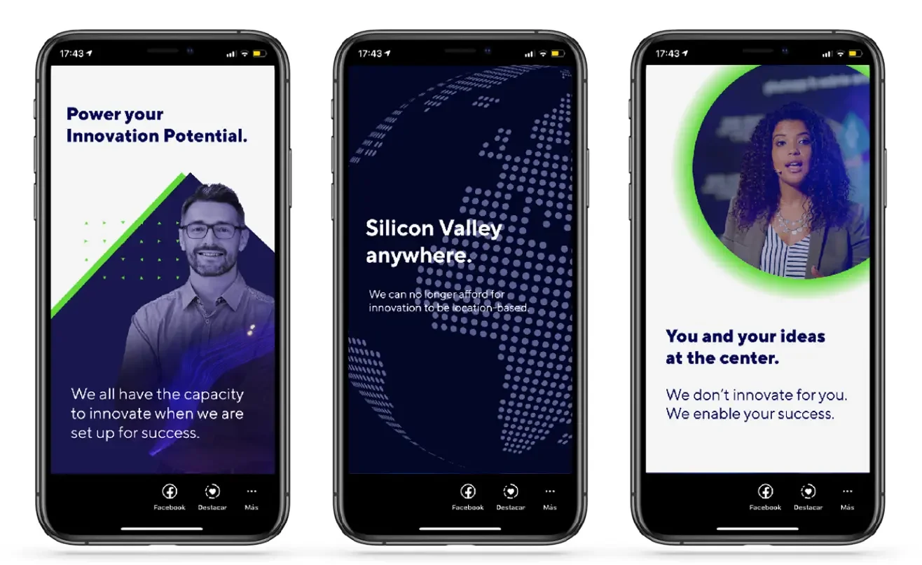 Three smartphone screens displaying Global Innovation Catalyst mobile app interfaces and messaging