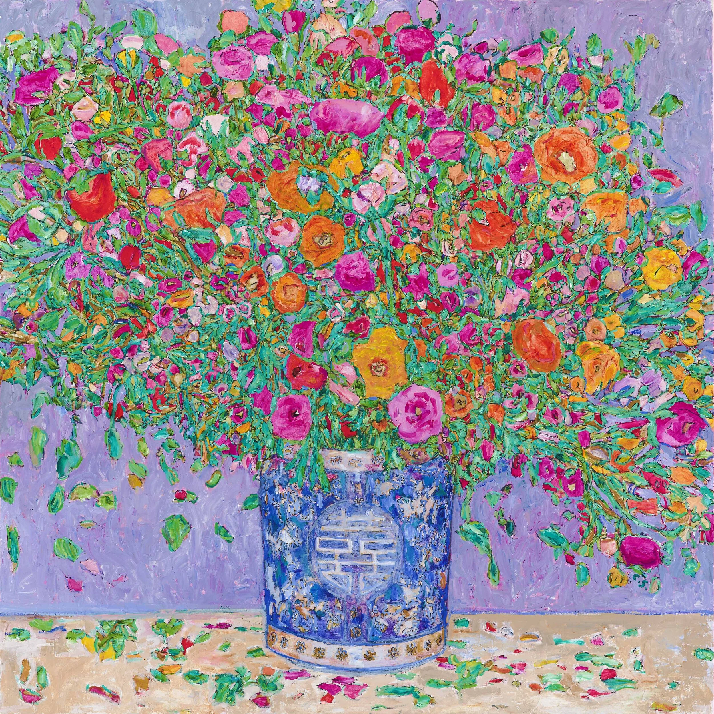 Ranunculus in Blue Chinese Vase (sold)