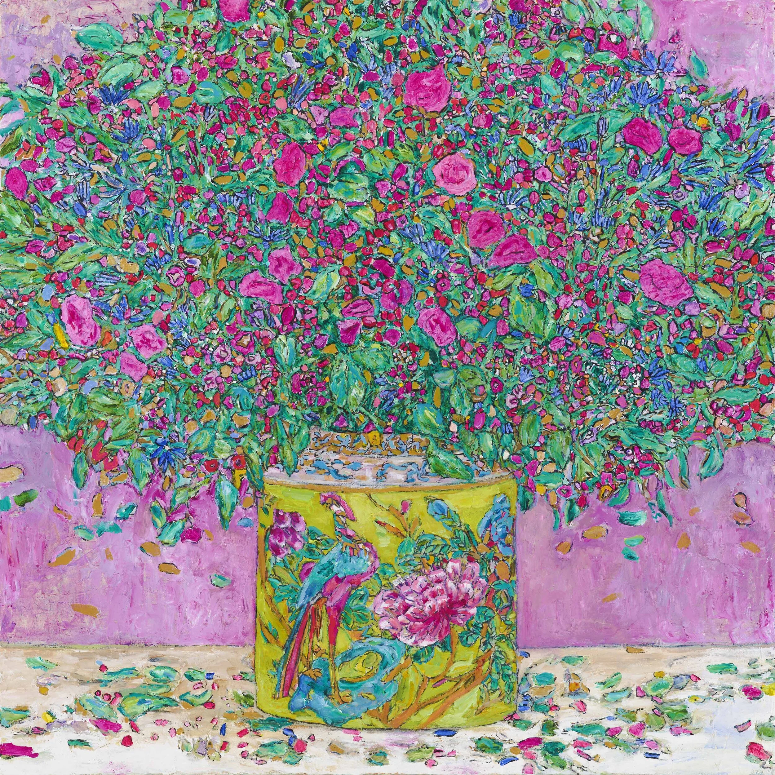 Pink Flowers in Yellow Chinese Vase (sold)