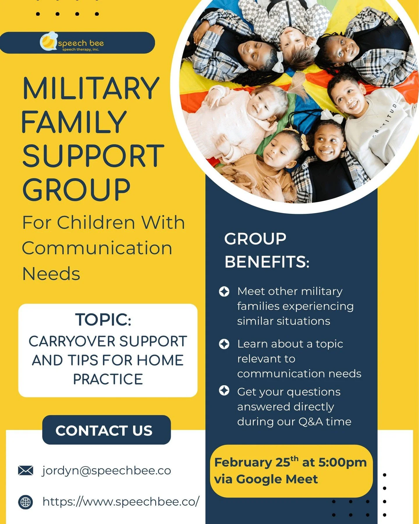 Military life comes with constant transitions &mdash; and when your child has communication needs, it can feel like you are carrying even more.

Join us for our February Military Support Group for Children with Communication Needs on:

📅 Wednesday, 