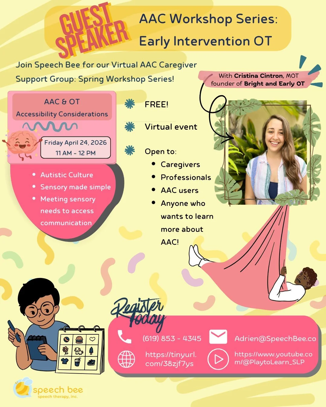 🥳 Exciting announcement!! 👀

The founder of "Bright and Early OT" (@new.to.ei), will be joining our AAC Caregiver Support Group on Friday April 24th! She'll be discussing Autistic culture, sensory, and accessing communication! This is sur