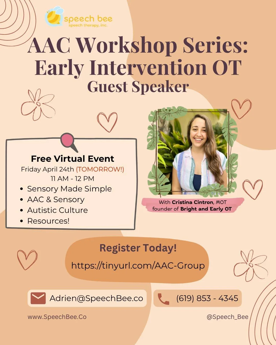 Tomorrow, Speech Bee will have Cristina Cintron, MOT, founder of "Bright and Early OT" (@New.to.EI) joining us for our AAC Caregiver Support Group! We are so excited for Cristina to share her professional experience and perspective. This wi
