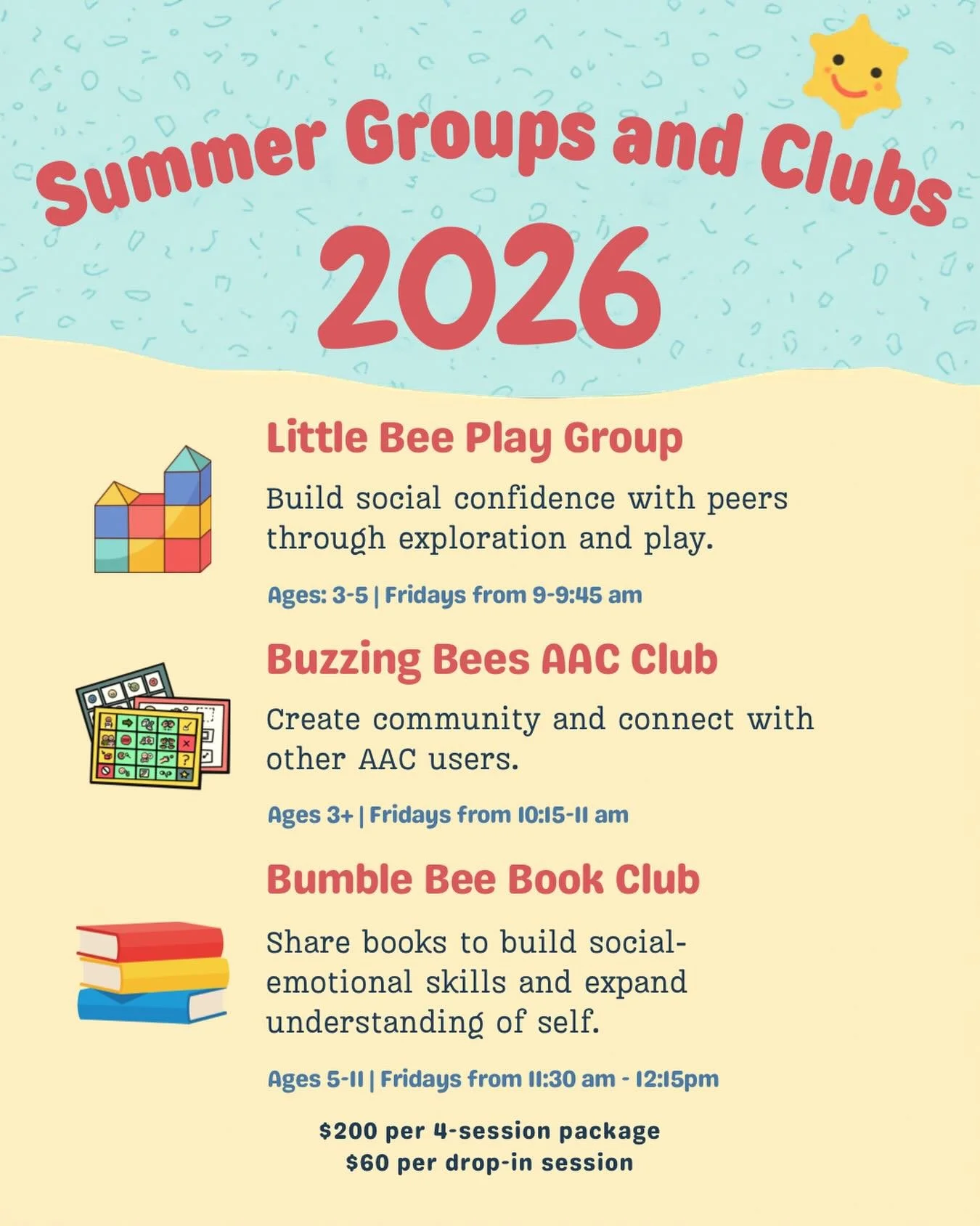 Thanks to our friends @bebravespeechtherapy in Escondido, Speech Bee is excited to be able to offer play groups and clubs starting this summer! Beginning May 29th, @playtolearn.slp will lead three small groups on Friday mornings at Be Brave: a play g