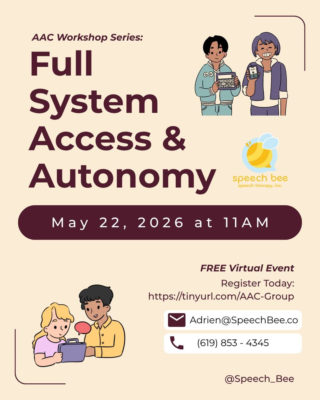 Join Speech Bee's virtual AAC caregiver support group on Friday May 22nd at 11 AM. Our topic will be on full system access and fostering autonomy. Registration link in bio! 
.
.
.
#aac #slp #speechtherapy #autism #slplife #aacslp #specialeducation #s