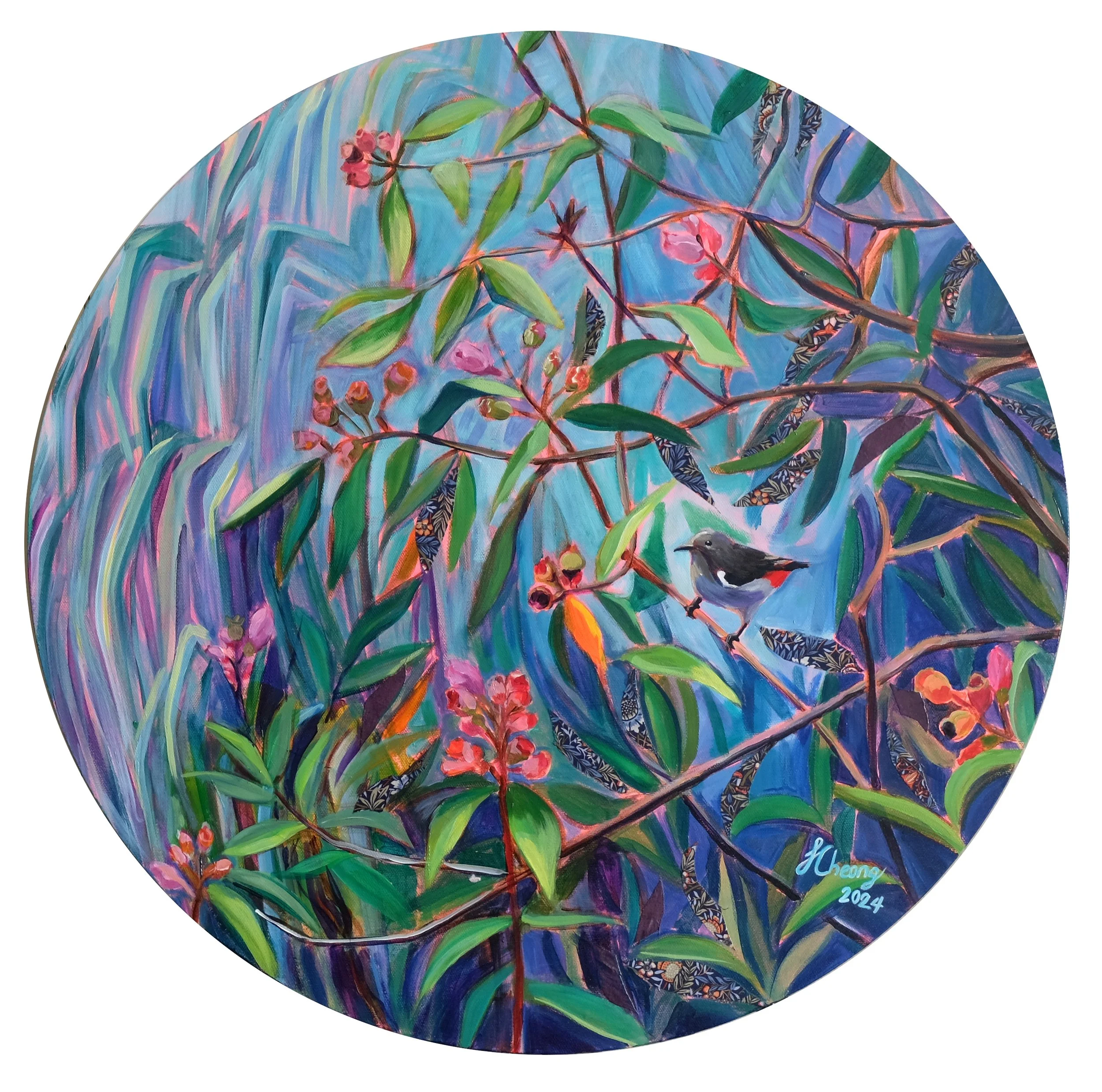 Hidden
60cm round
Acrylic and fabric collage on canvas