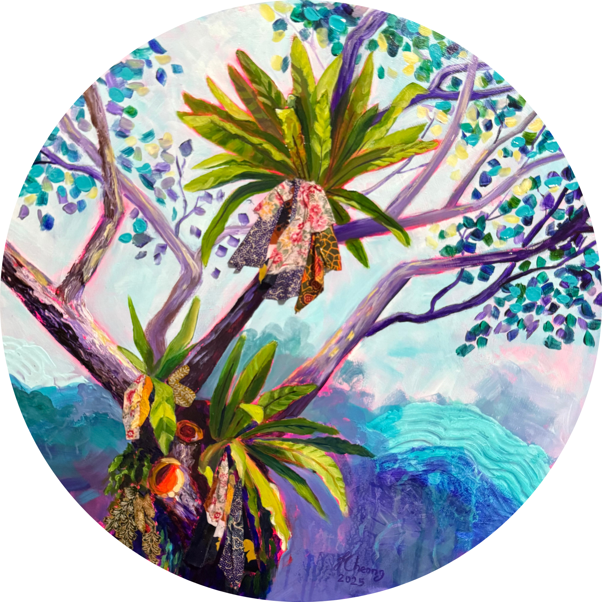 Tranquility 9
50cm round
Acrylic and fabric collage on wood