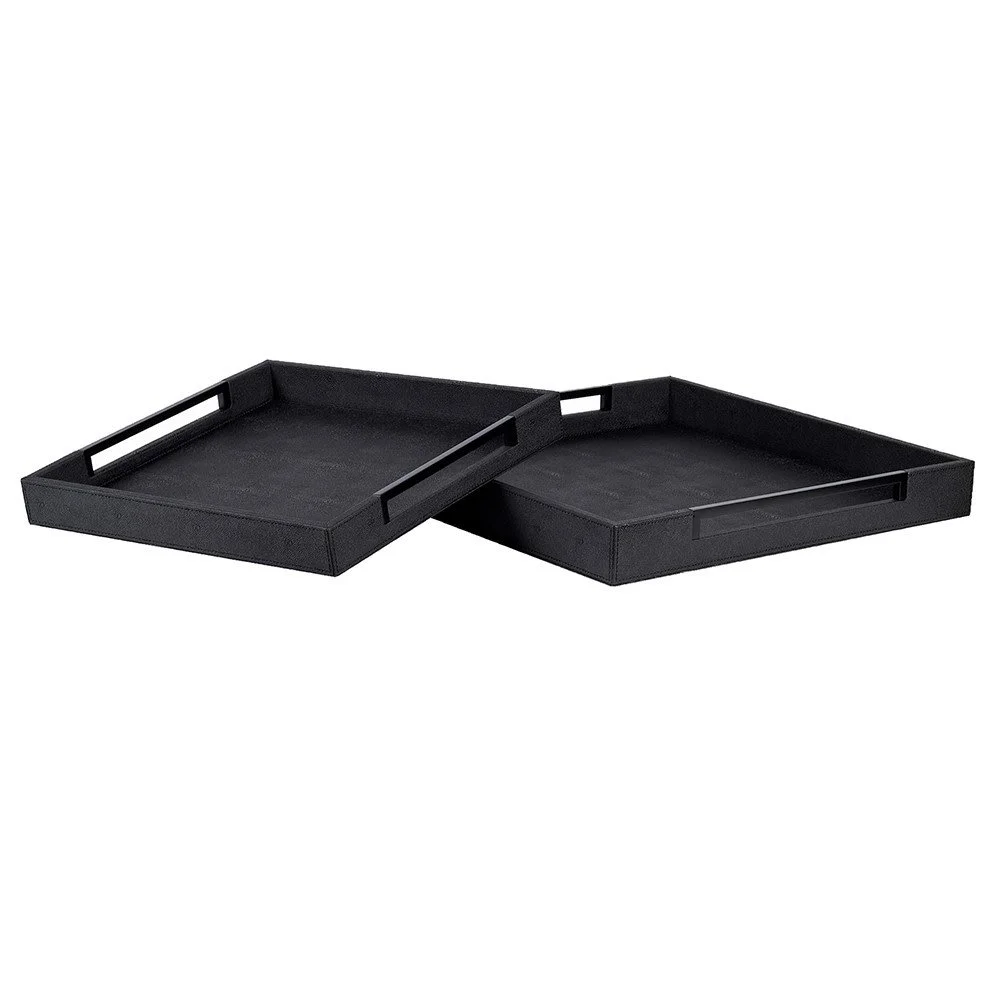 Set of 2 All Black Faux Shagreen Trays