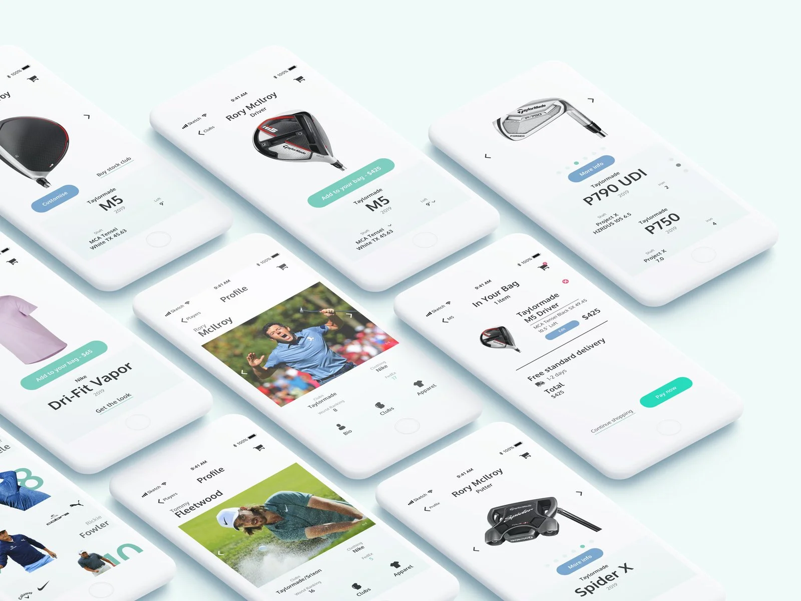 An application that allows users to view, customise and purchase the clubs and apparel used by their favourite professional golfers. They can also track stats such as world and fedex cup rankings alongside a player biography. Customisable options are