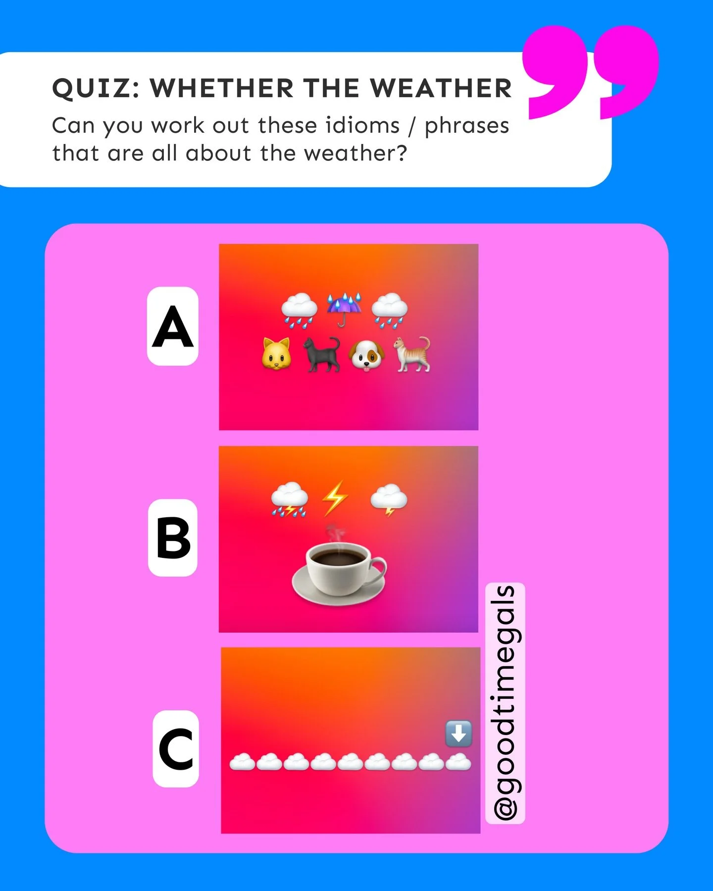 Have you ever seen a more British quiz question? 🌧&nbsp; 

Here&rsquo;s where you can play irl this week - 

MONDAY
@signalman.brighton Brighton | 8pm 

TUESDAY 
@theowln7 Archway | 8pm 

WEDNESDAY 
@risingse1 Elephant + Castle | 7pm 

THURSDAY 
@th