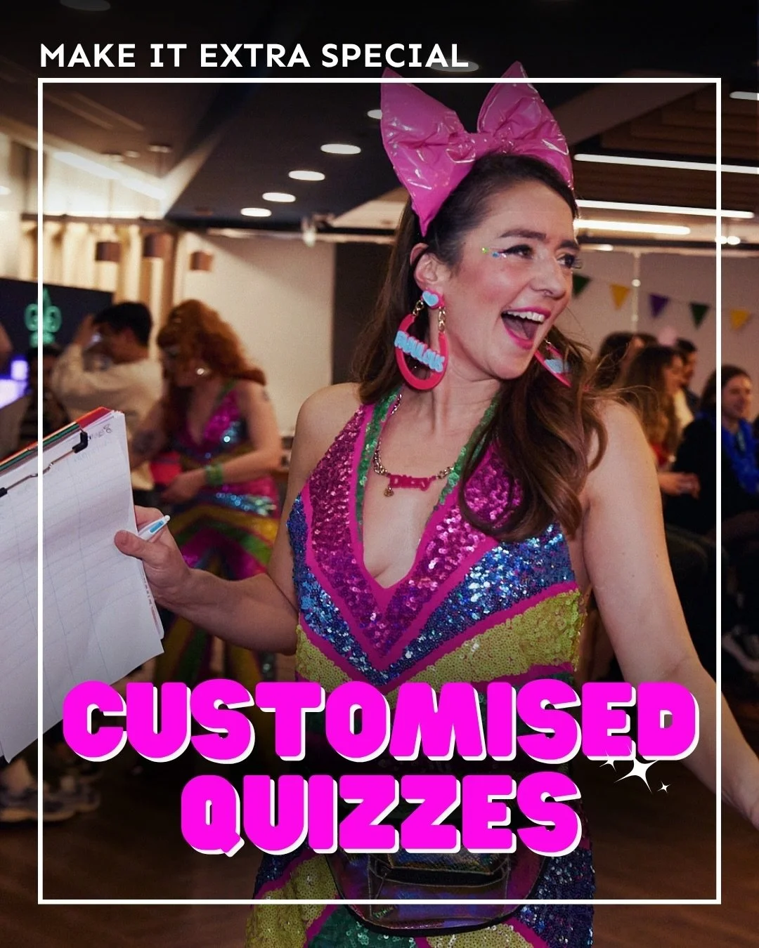 Ever dreamt of a pub quiz all about you? Honey that&rsquo;s our speciality ✨&nbsp; 

Whoever you are, whatever you&rsquo;re celebrating, we&rsquo;ll design a quiz that will thrill your pals, colleagues and arch rivals. 

Perfect for office parties or