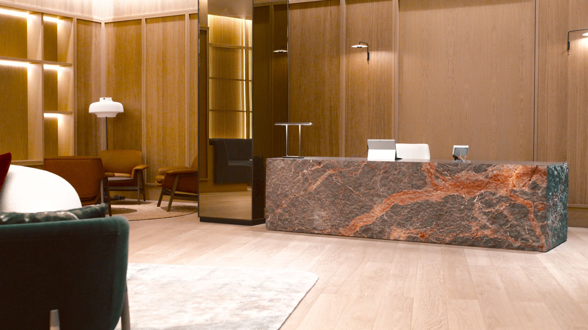 Ombra di Caravaggio marble reception desk by stoneCIRCLE - photo Marco Joe Fazio Studio