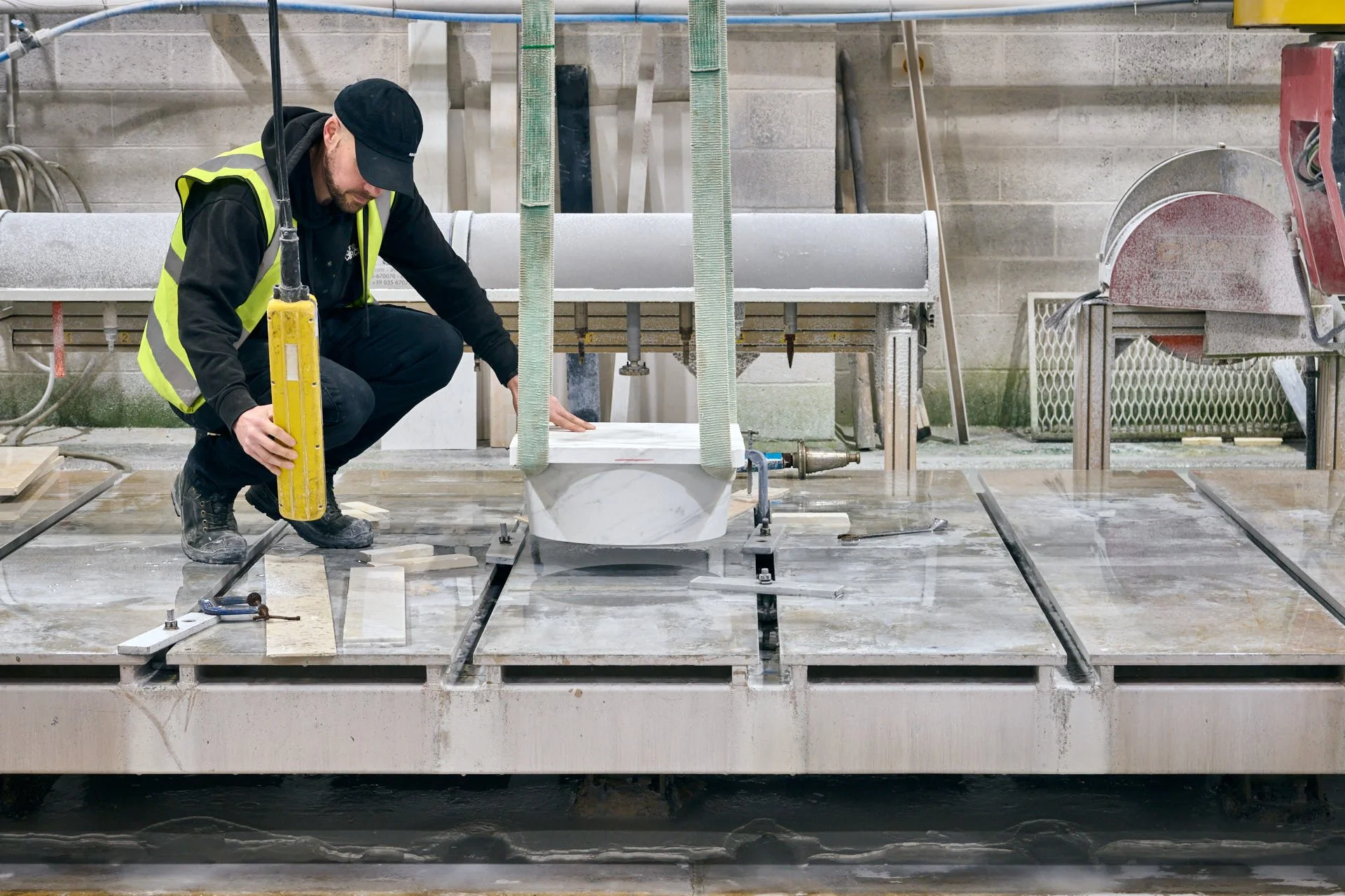 stoneCIRCLE factory -CNC machine carving a Carrara marble topstone for the Hull Maritime Waymarkers - photo Marco Joe Fazio Creatives