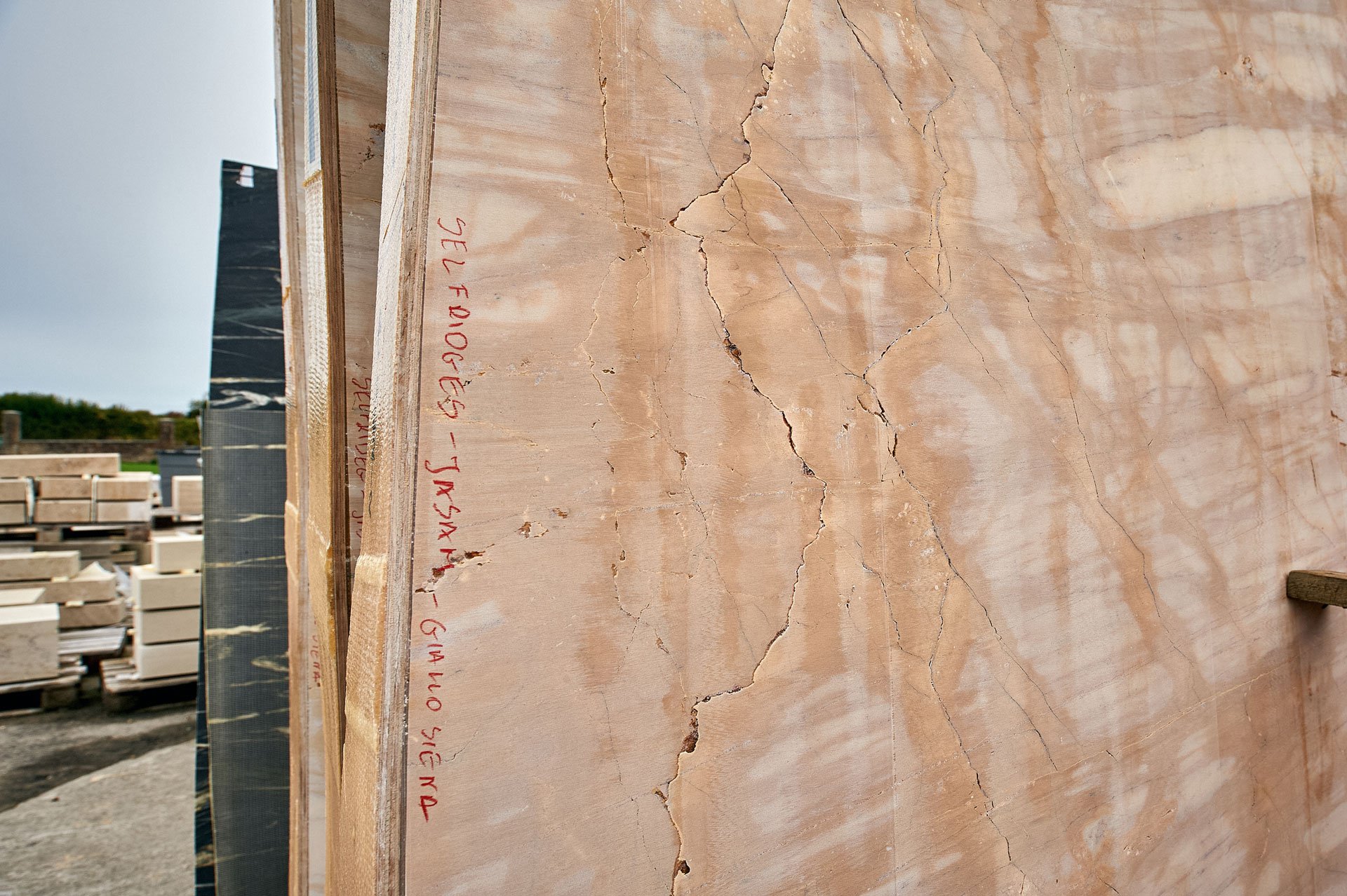 Giallo Siena marble slab pre-selected for a hospitality project in London - photo Marco Joe Fazio Creatives