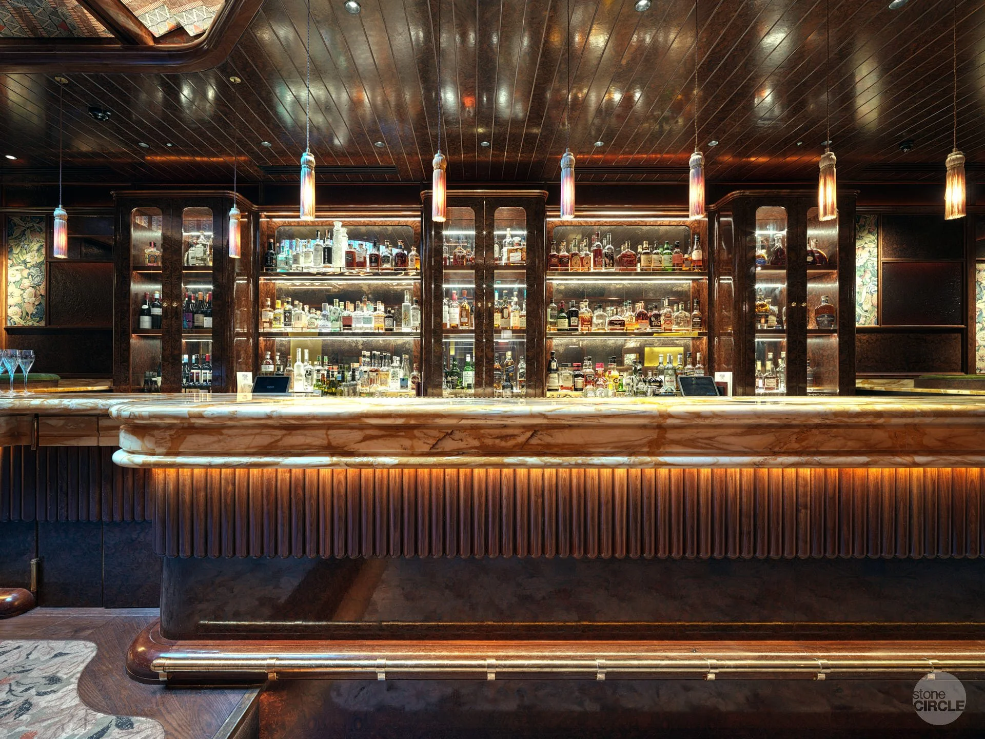 stoneCIRCLE was commissioned to fabricate and install the Giallo Siena marble countertop for The Upstairs at Ronnie’s, the first-floor bar at Ronnie Scott’s Jazz Club in Soho, London - photo Marco Joe Fazio Creatives