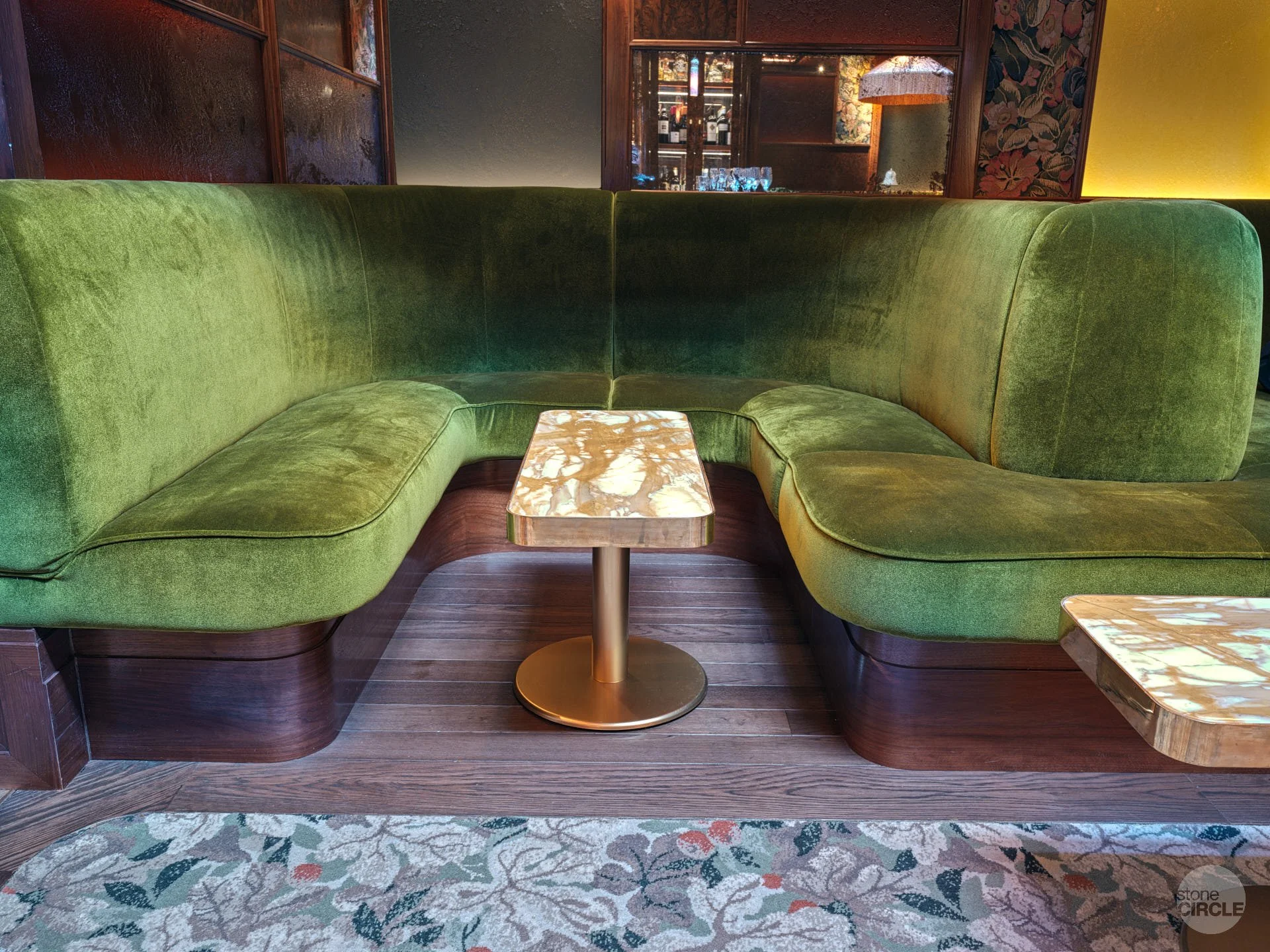 Giallo Siena marble for the lounge tables for The Upstairs at Ronnie’s by stoneCIRCLE - photo Marco Joe Fazio Creatives
