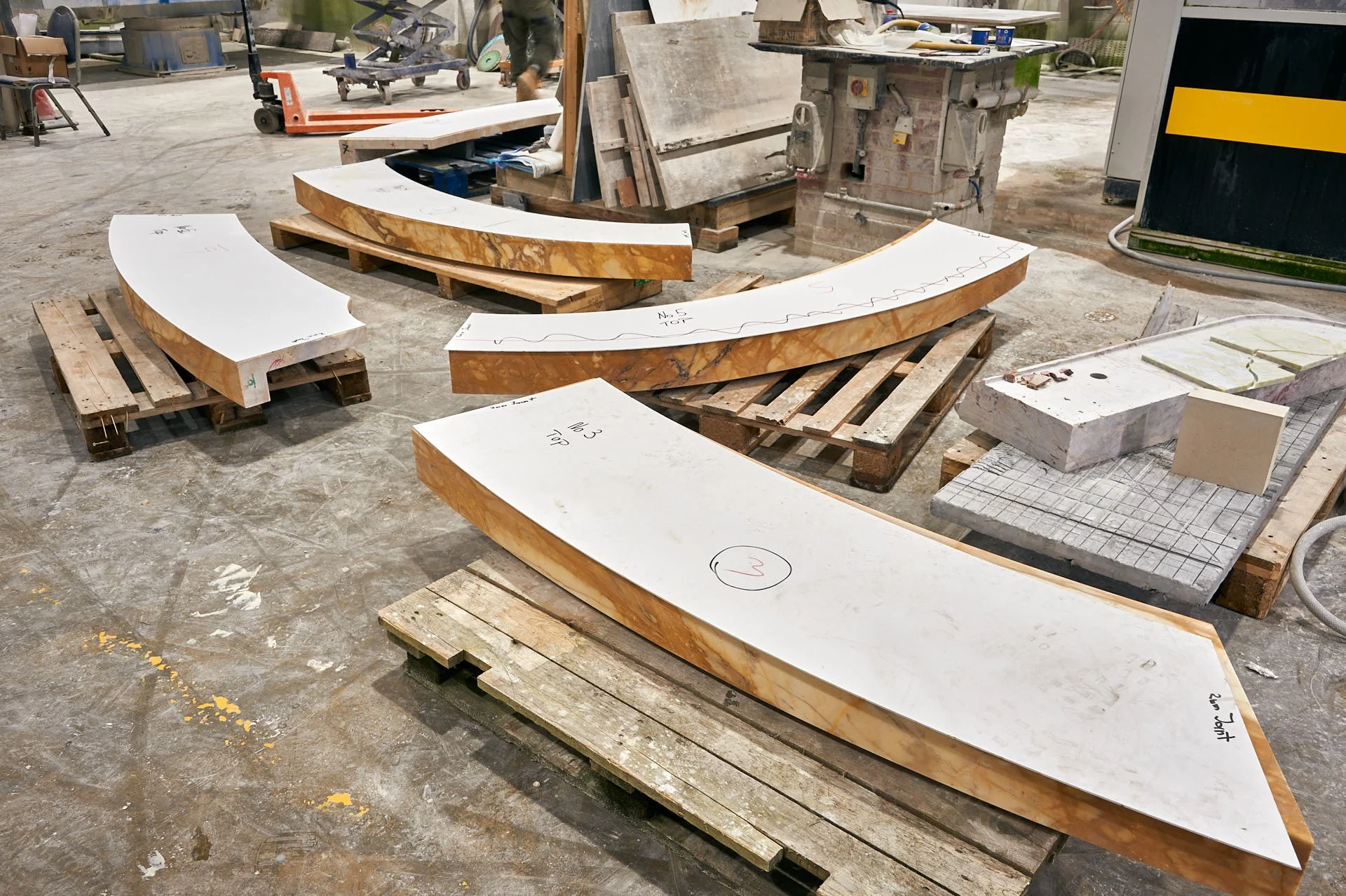 Giallo Siena marble with templates at stoneCIRCLE factory