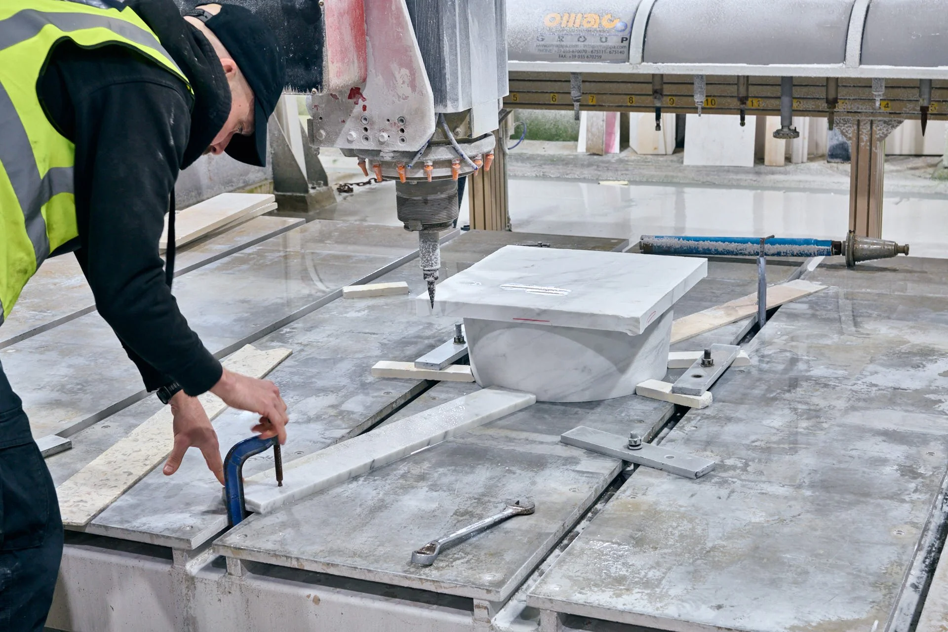 Carrara marble topstones in progress inside stoneCIRCLE’s Basingstoke stonemasonry factory - photo Marco Joe Fazio Creatives
