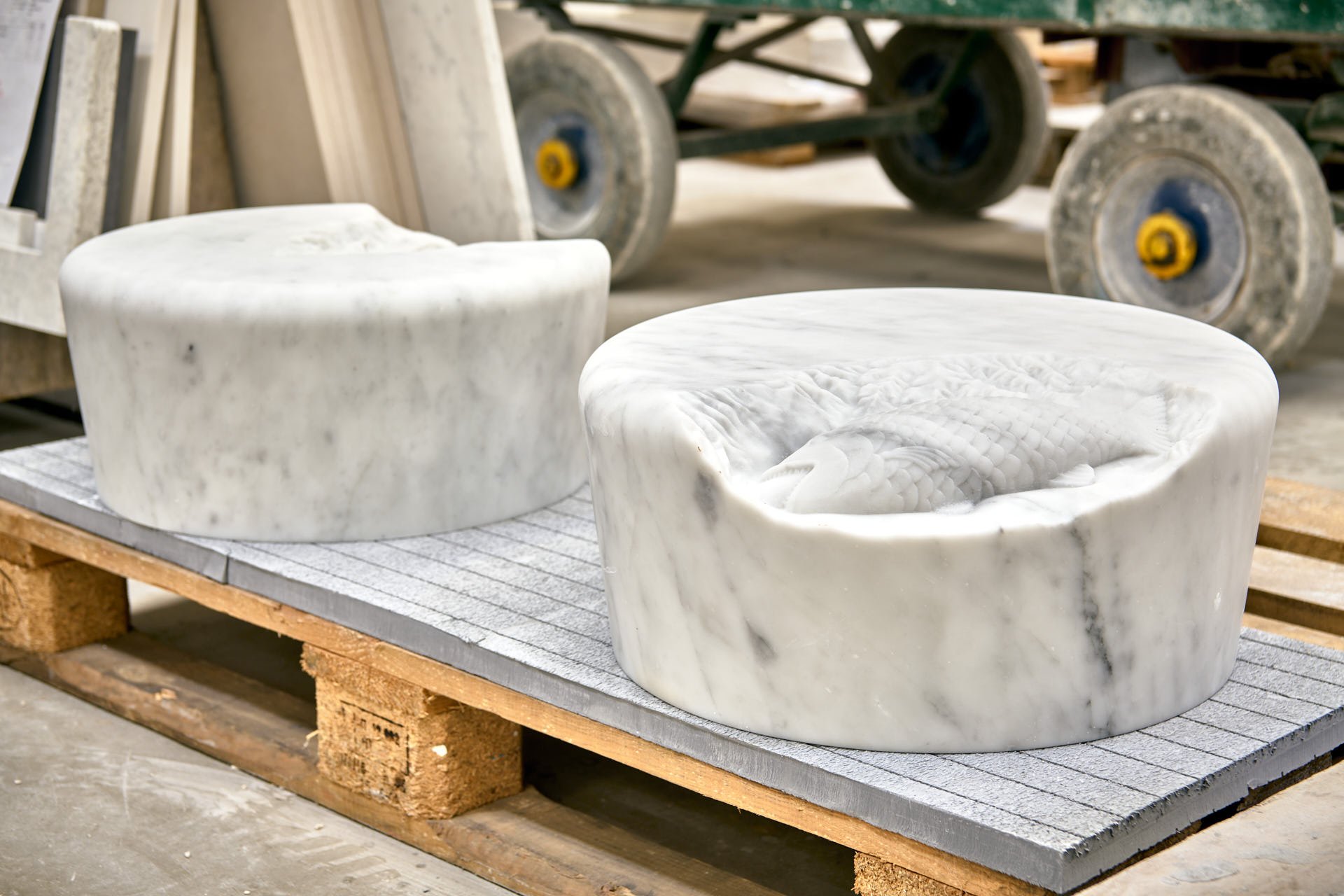 Carrara marble topstones in progress inside stoneCIRCLE’s Basingstoke stonemasonry factory - photo Marco Joe Fazio Creatives