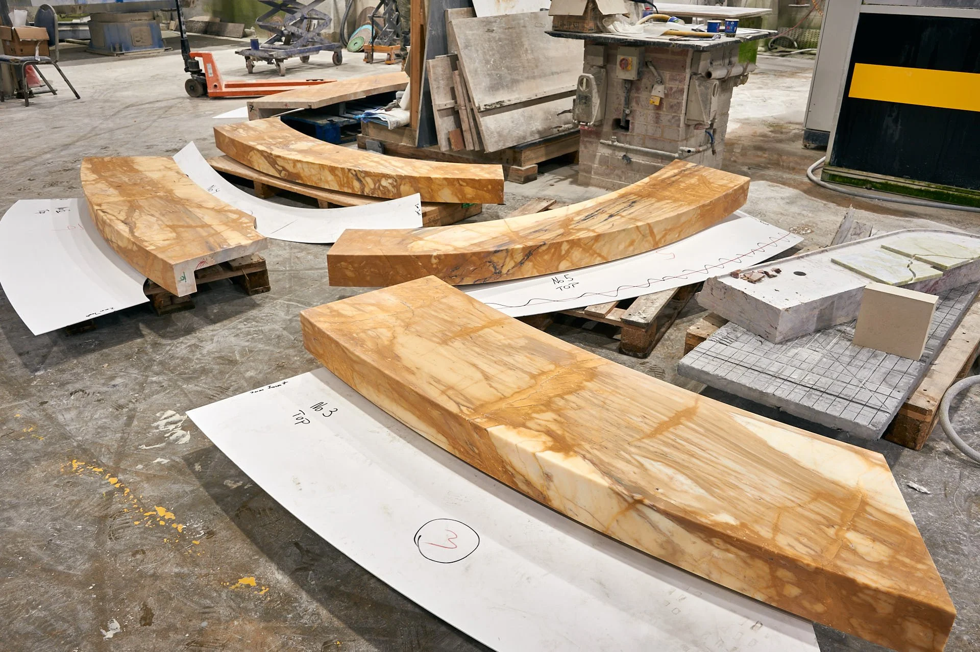 Giallo Siena marble bar countertop sections at stoneCIRCLE factory - photo Marco Joe Fazio Creatives