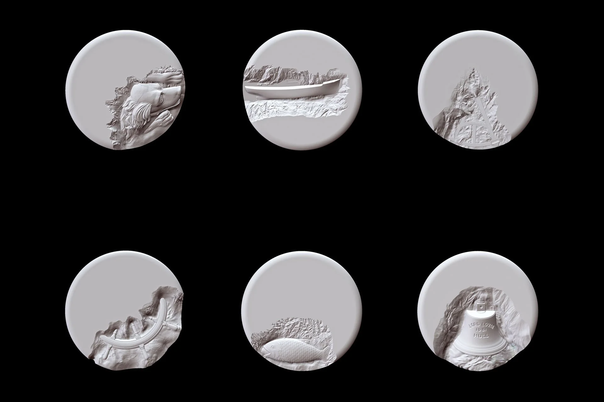 Digital 3D model for a Hull Maritime Waymarker showing artefact-inspired forms embedded in a sculptural surface.