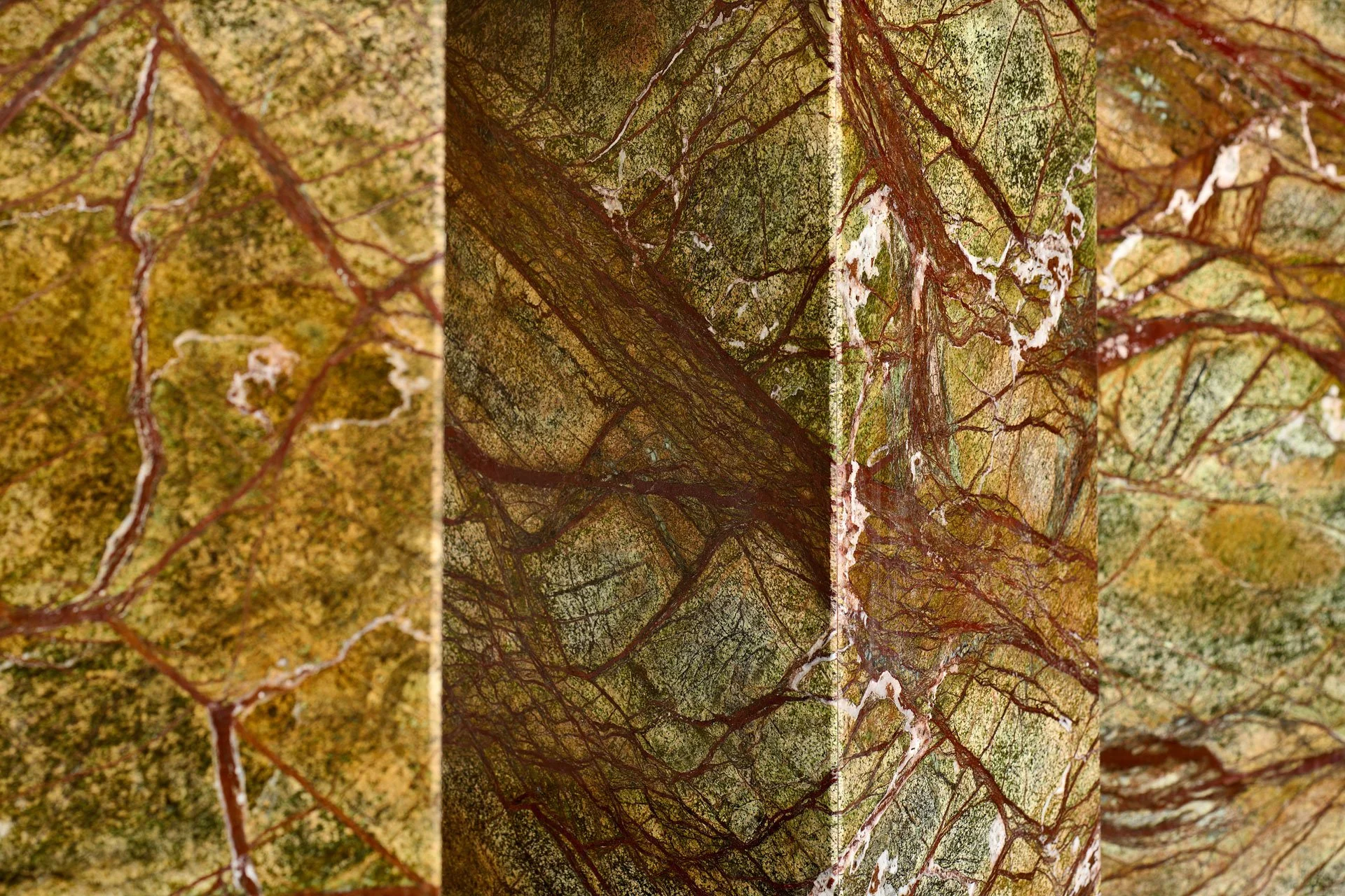 Close-up of natural stone showing veining, colour variation and surface detail of Rain Forest Green marble - photo Marco Joe Fazio