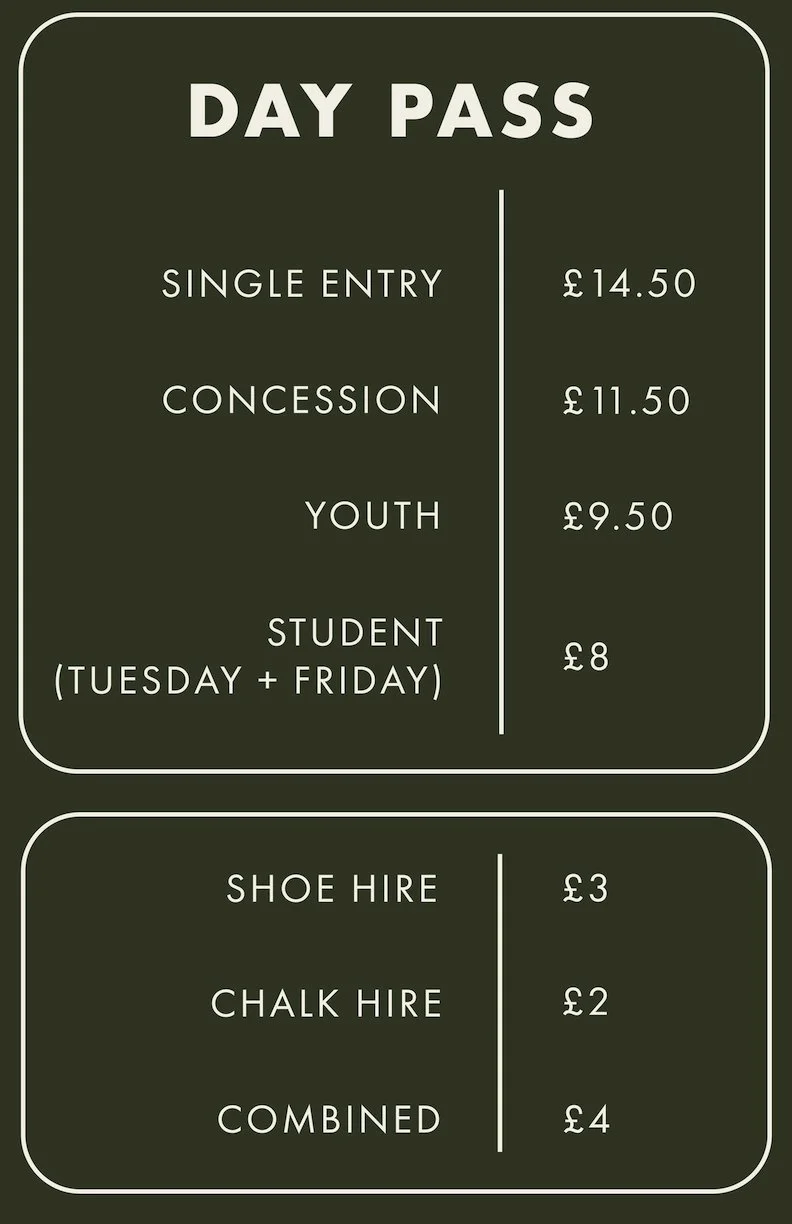 Day pass and Shoe Hire price List