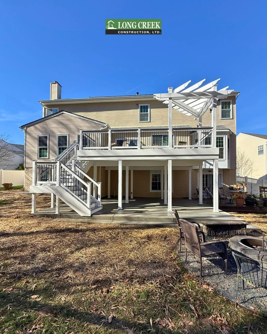 Another beautiful deck and patio project completed by Long Creek Construction here in Bowie, MD! This project features a 22x26 open deck using TimberTech materials, a patio, a rain escape system and two sets of stairs. Ready to take your outdoor spac