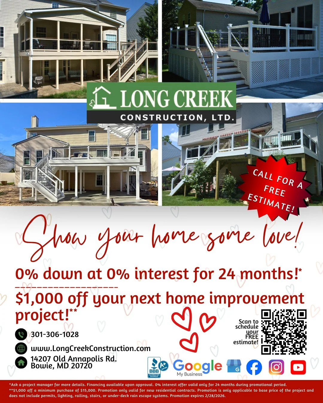 Don't miss this opportunity to book an estimate during our new seasonal promotion! Start your ideal outdoor living project now to prepare for the warmer months to come. 

Enjoy 0% down at 0% interest for 24 months* AND $1,000 off your next home impro