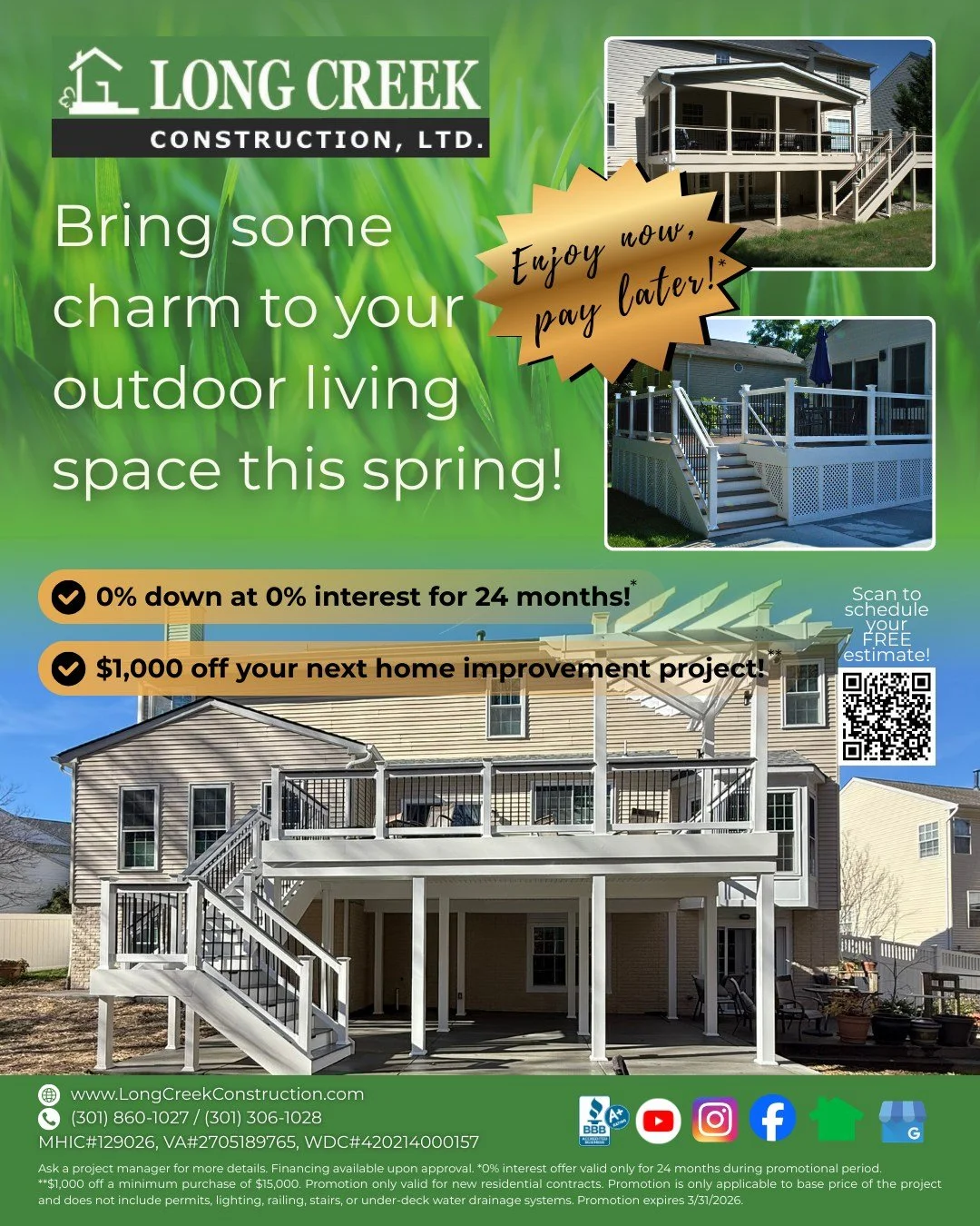 Bring some charm to your outdoor living space this spring with our seasonal promotion! 

Enjoy 0% down at 0% interest for 24 months* AND $1,000 off your next home improvement project**!

*Ask a project manager for more details. Financing available up