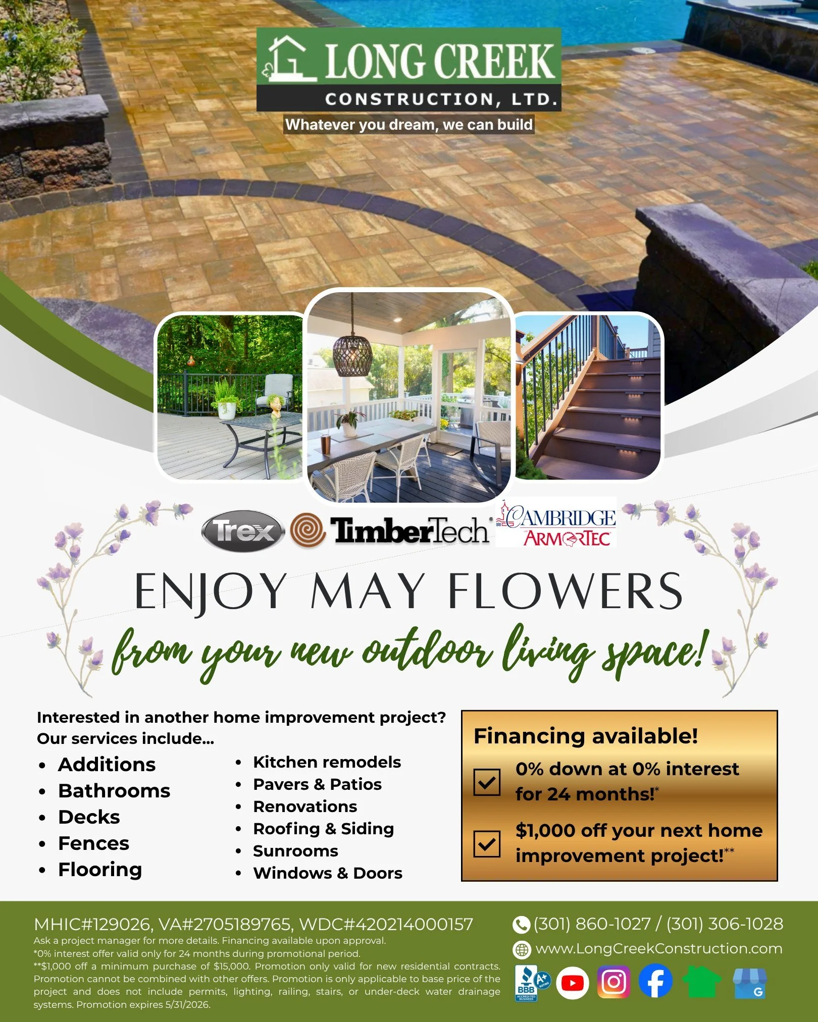 Spring is here! Get started on your next outdoor living project now and be prepared for BBQs, get-togethers, and more throughout the season.

We specialize in decks and patios designed to withstand the elements and host years of memories. Book an est