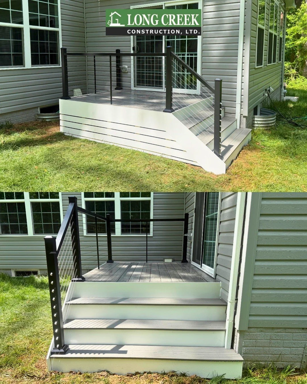 Another job well done by Long Creek Construction in Accokeek! 
We installed an 8x6 @timbertech deck w/steps in the color Sea Salt Gray, cable railing, and trim lattices. 

Notice how the horizontal cable railing blends in with the background - a perf