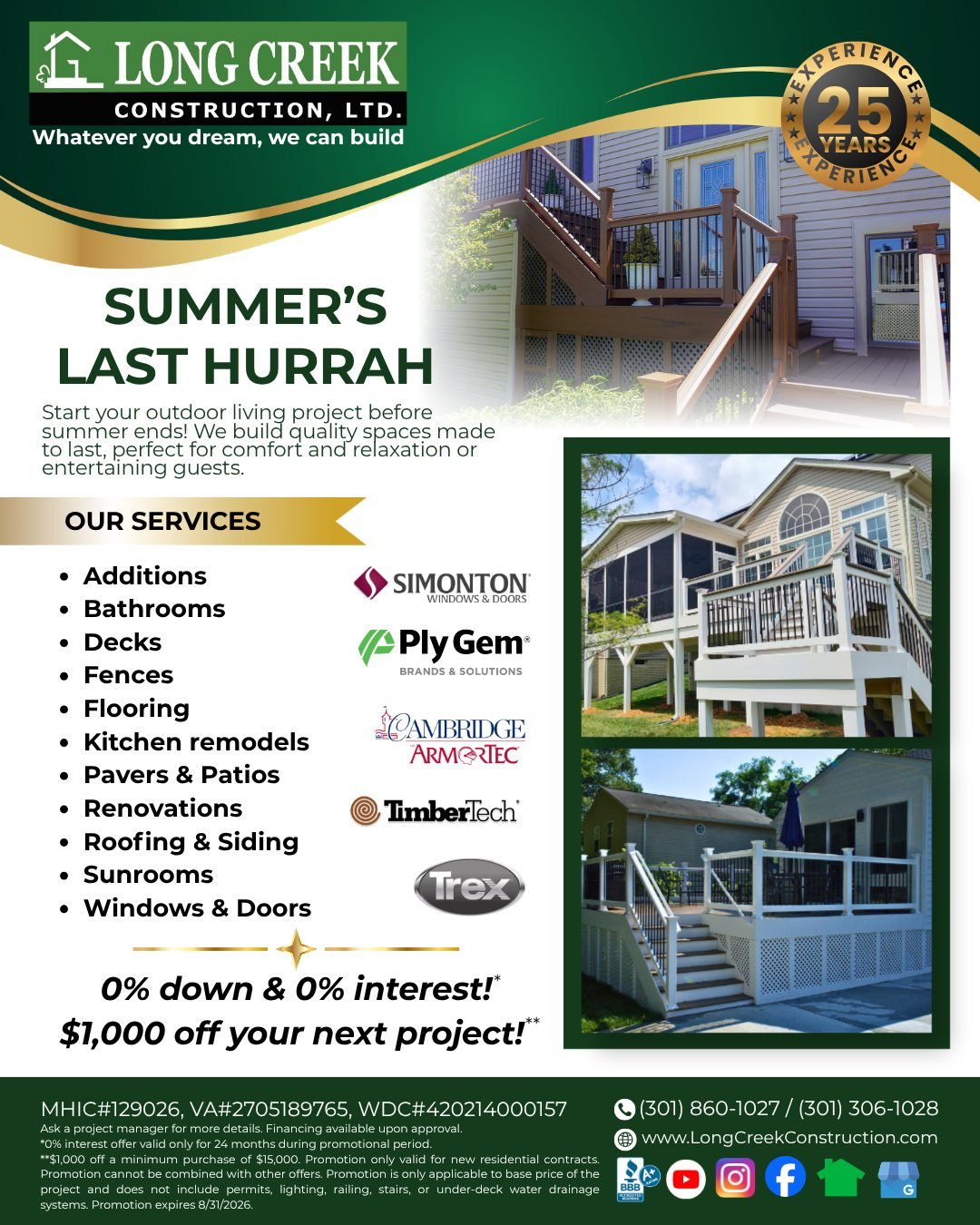 Autumn is approaching fast! Get started on your ideal outdoor living project before the cold weather hits.

Book an estimate this month and receive:

0% down at 0% interest for 24 months!*
$1,000 off your next home improvement project!**

Ask a proje