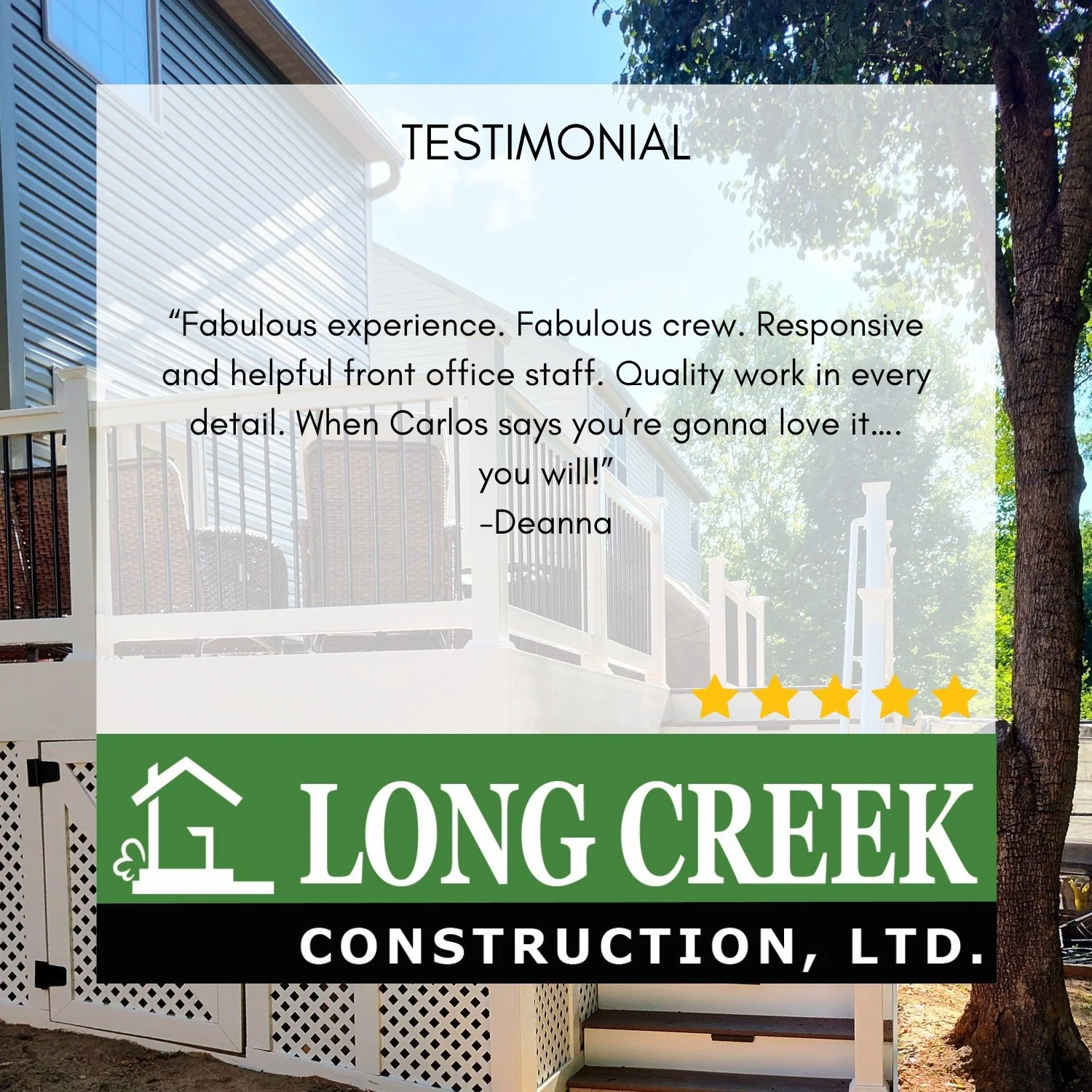 Let's see what our customer has to say about us! We appreciate you sharing your feedback, Deanna!✨

We're delighted that you had a great experience with us, and thank you again for choosing Long Creek Construction to complete your project. 

Ready to