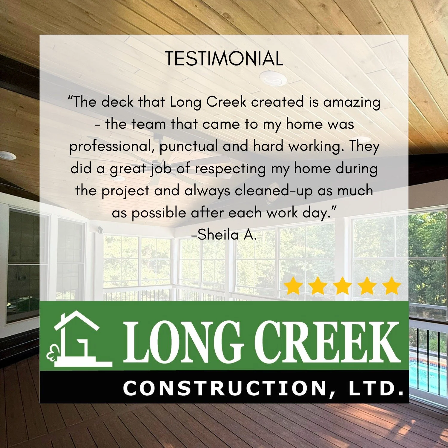 Let's take a look at some feedback our customer left for us! Thank you, Sheila, for the wonderful review, and we hope you choose Long Creek Construction for your next home improvement project! ⭐⭐⭐⭐⭐

Ready to experience our quality workmanship and pr