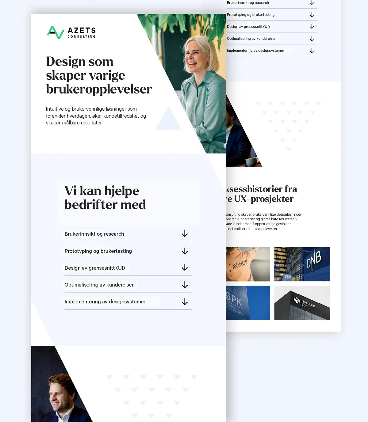 Reklame for Azets Consulting, med slagordet "Design som skaper varige brukeropplevelser". Det gir informasjon om tjenester som brukerinvolvering, prototyping og designoptimalisering. Inneholder også bilder av smilende personer og logoer fra kjente selskaper, samt en seksjon der Azets kan hjelpe bedrifter med UI-design og kundeopplevelser.