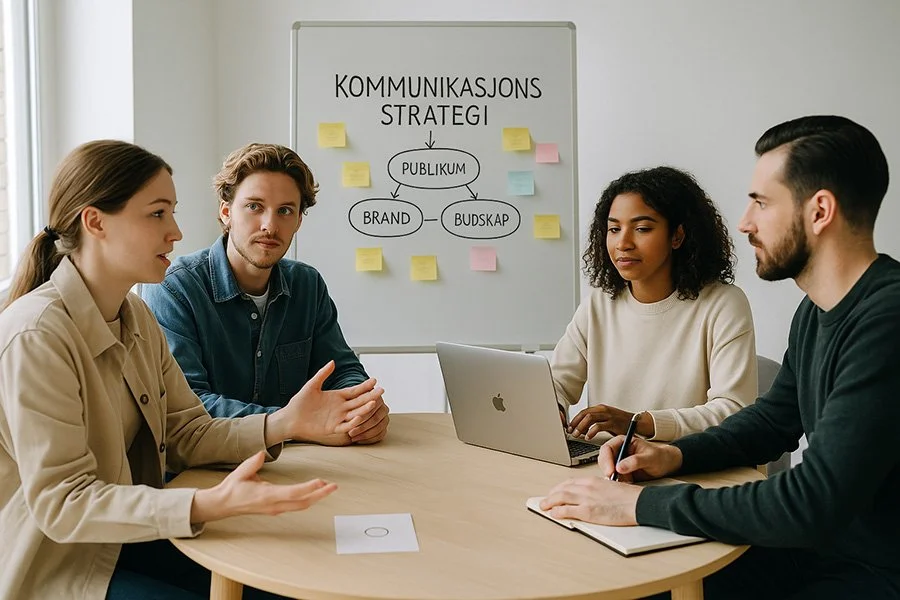 fire personer som sitter i et møterom og diskuterer kommunikasjonsstrategi