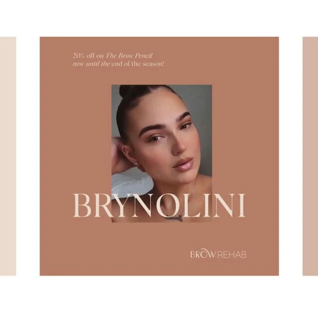 Reklame for Brynolini fra Brow Rehab med bilde av en kvinne og teksten 20 % avslag på The Brow Pencil frem til slutten av sesongen.