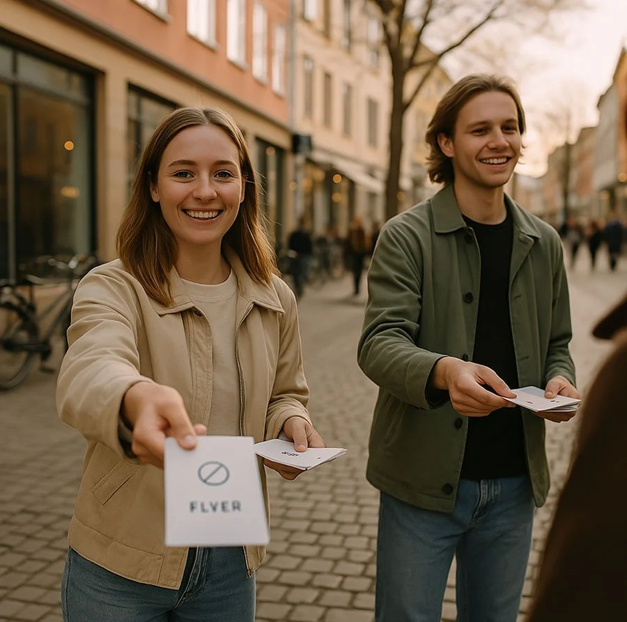 Personer som deler ut flyer for fysisk markedsføring