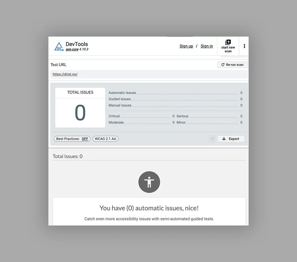 Skjermbilde av et DevTools-verktøyresultat som viser tilgangen på https://drist.no/. Ingen problemer funnet. Kategoriene inkluderer automatiske problemer, veiledede problemer, manuelle problemer, kritiske, alvorlige, moderate og mindre, alle med verdien 0. Best Practices-funksjonen er av, og den oppfyller WCAG 2.1 AA-standarder.
