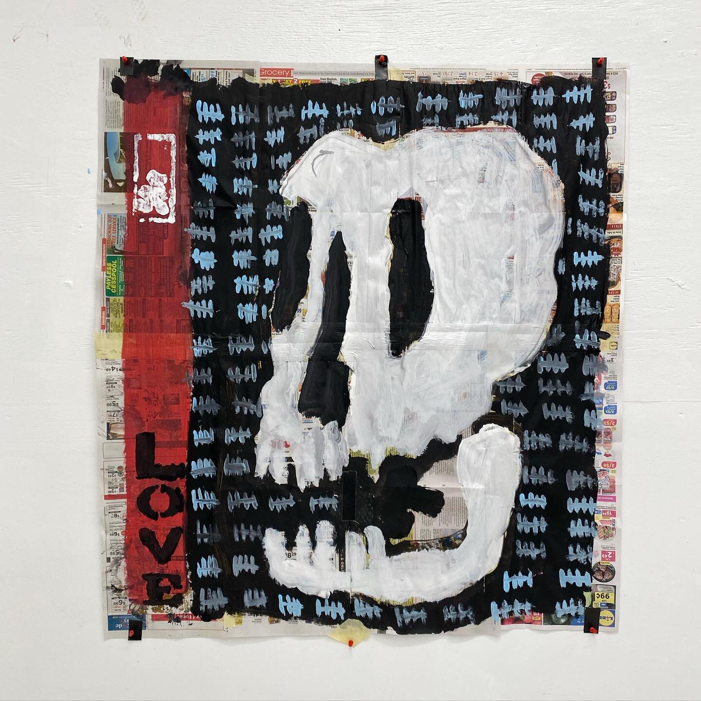 Available!! $300 includes postage - LOVE - 37&rdquo;W x 39&rdquo;H - acrylic on newspaper and tape - Dm me to purchase !!! 
.
..
#jamesgreco #artcollectors #paintingforsale #worksonpaper #love #skull #la #nyc #hamptons