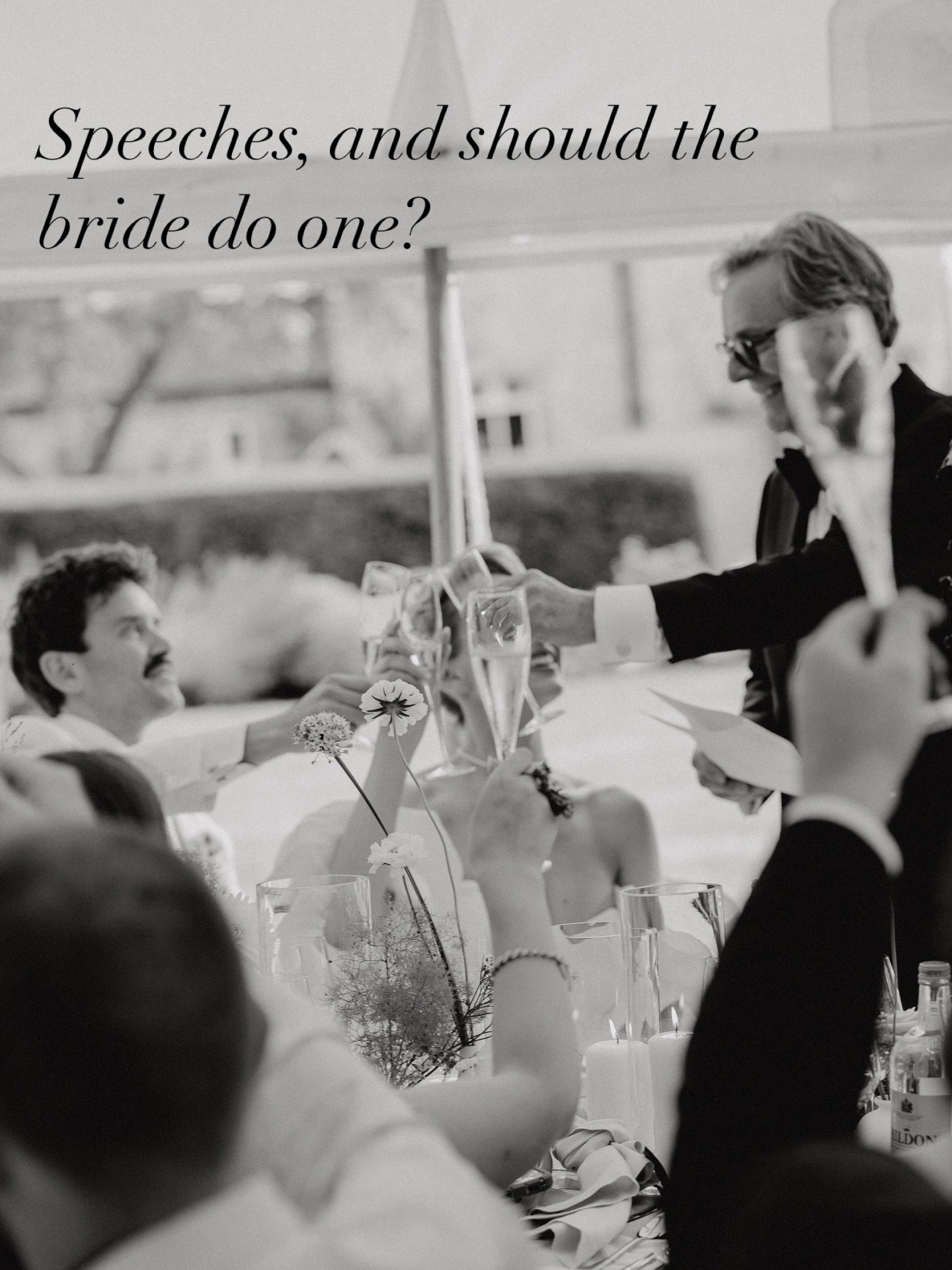 Speeches. Love or hate them, they are going to happen. 

The key is when and what. I can&rsquo;t write them for you, but I can logistically plan for them and give you hints and tips. 

These days the tradition is to do speeches after food. Great. Eve