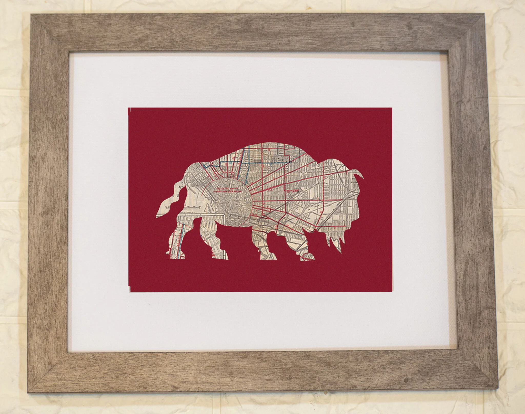 Vintage Map Buffalo Silhouette on Maroon Background