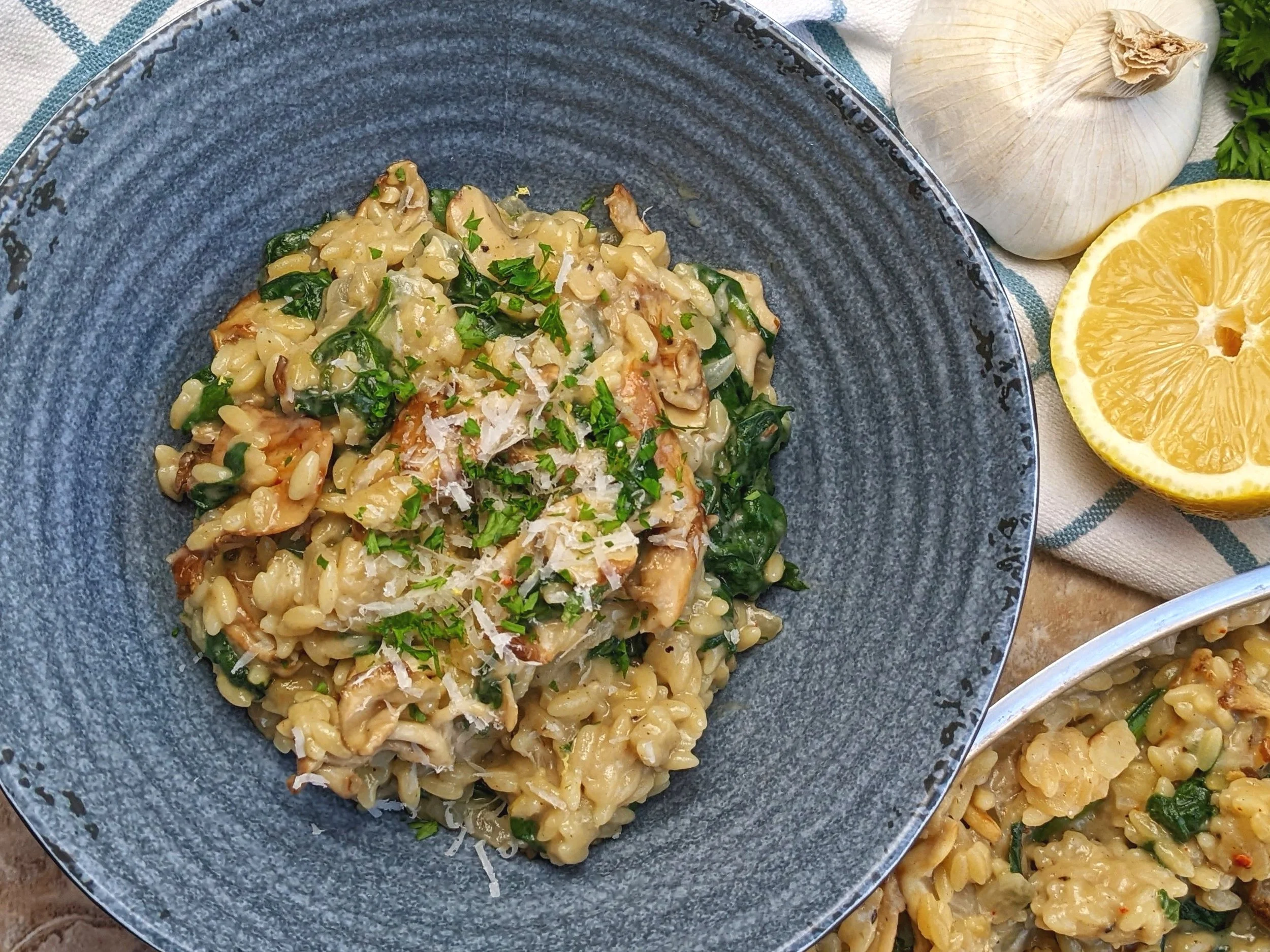 One-Pot Golden Oyster Mushroom & Spinach Orzo