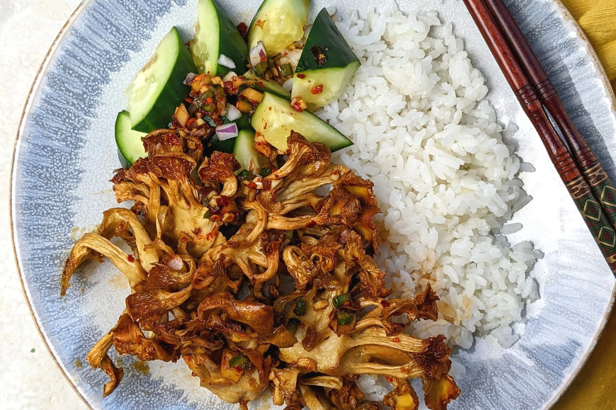 Air-Fried Golden Oyster Mushrooms with Spicy Soy Dressing