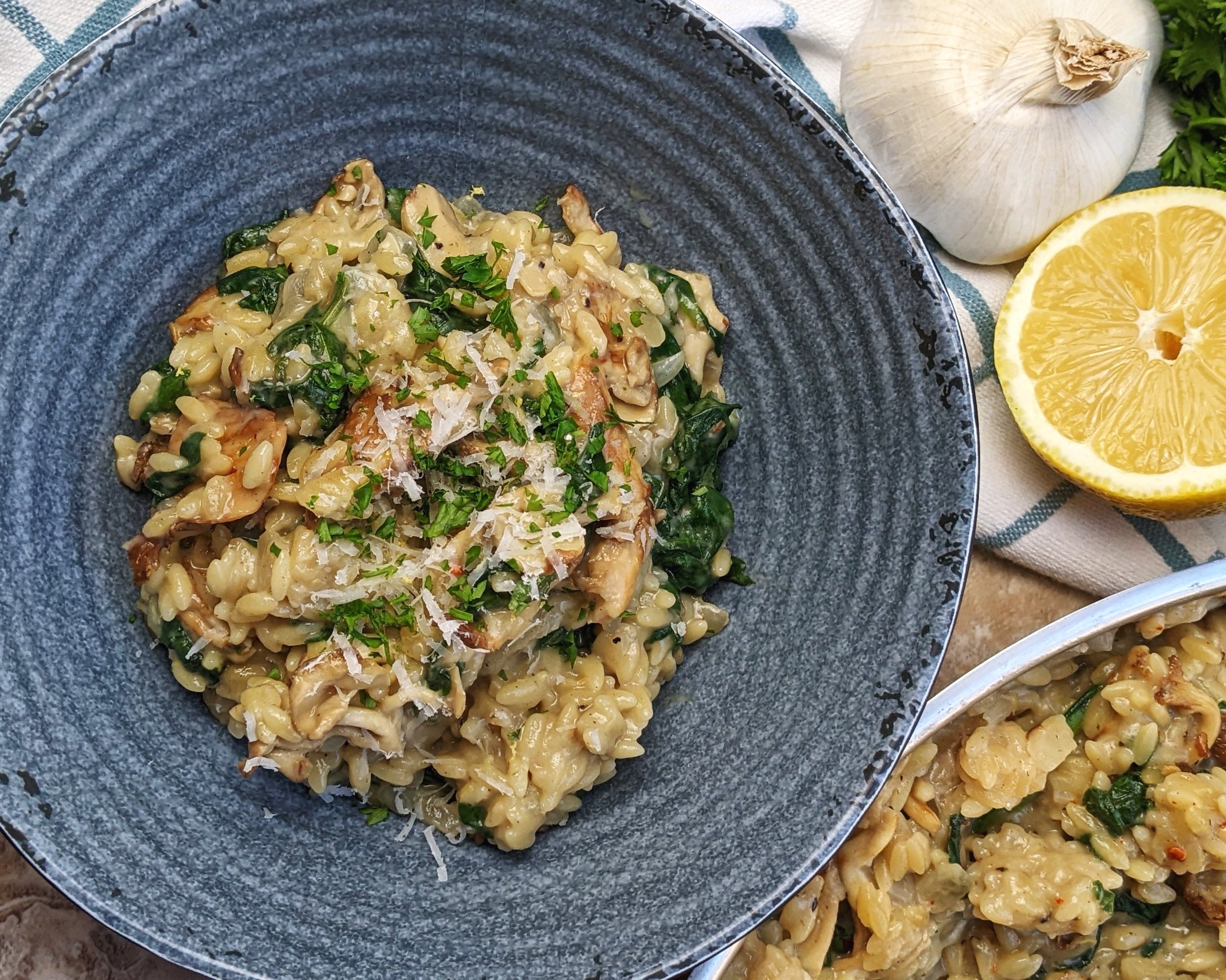 One-Pot Golden Oyster Mushroom & Spinach Orzo