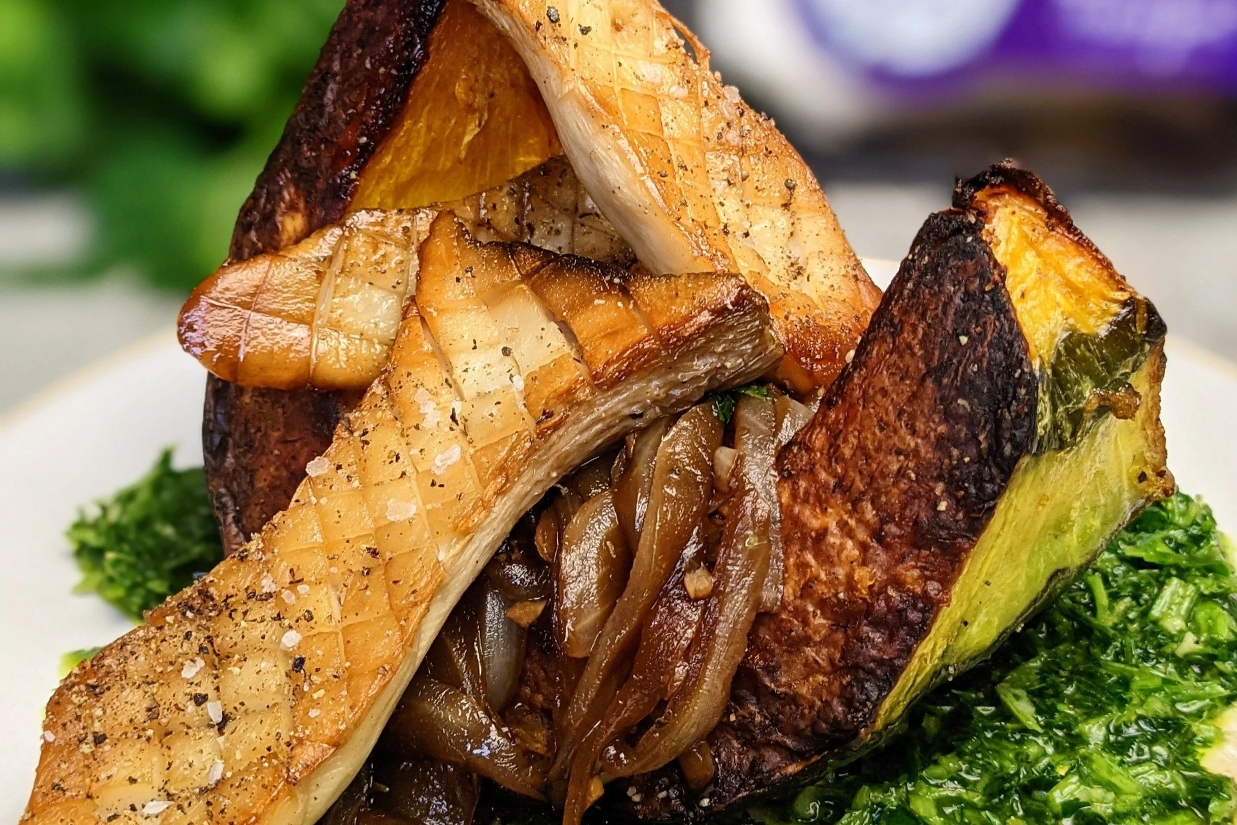 Roasted Kabocha Squash with Sautéed King Trumpet Mushrooms
