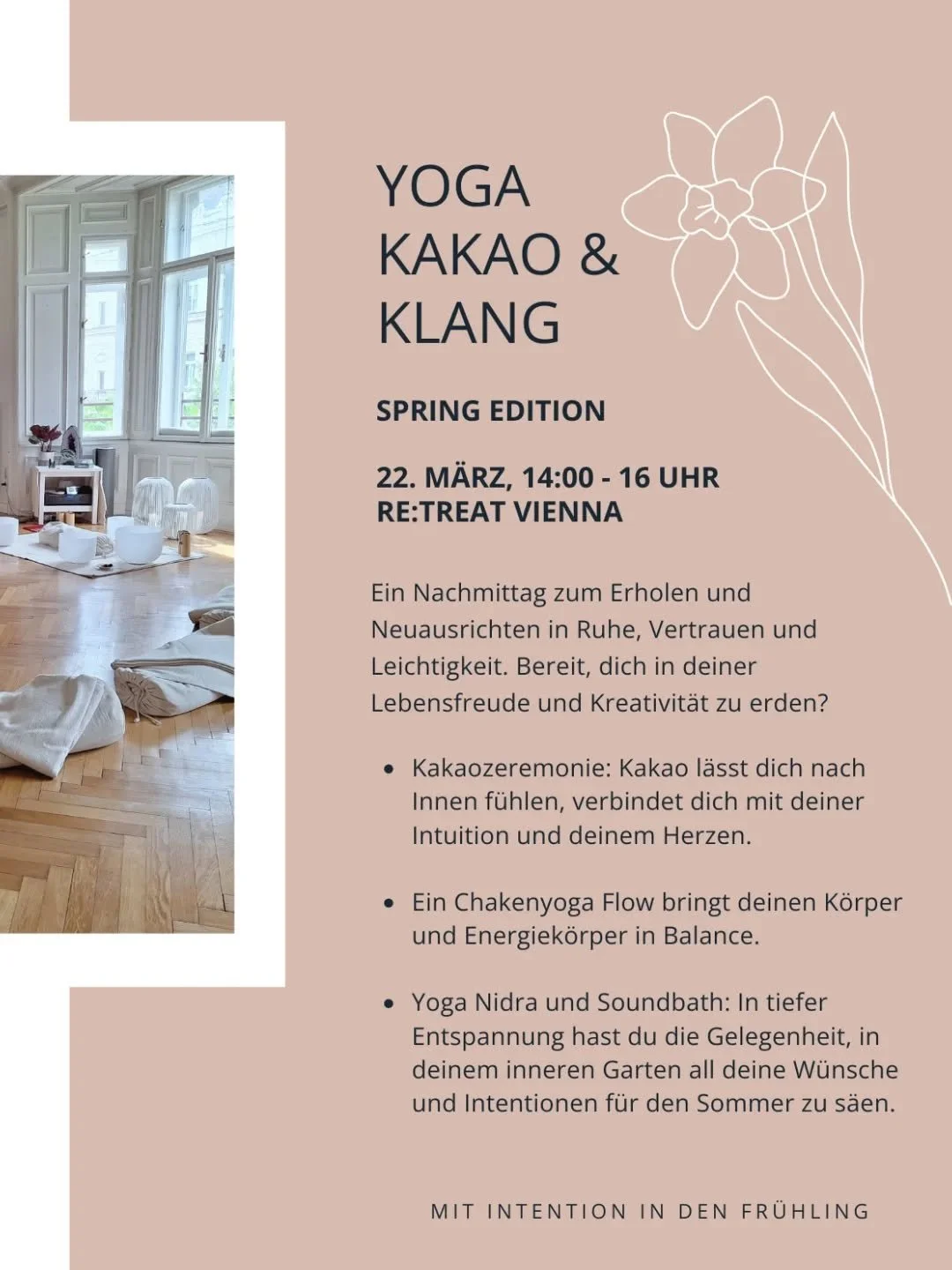 Am 22. M&auml;rz findet die Spring Edition von Yoga, Kakao &amp; Klang im wundersch&ouml;nen @retreatvienna statt 💜 

Es gibt noch ein paar Pl&auml;tze! Bist du dabei? Link in Bio 🌷