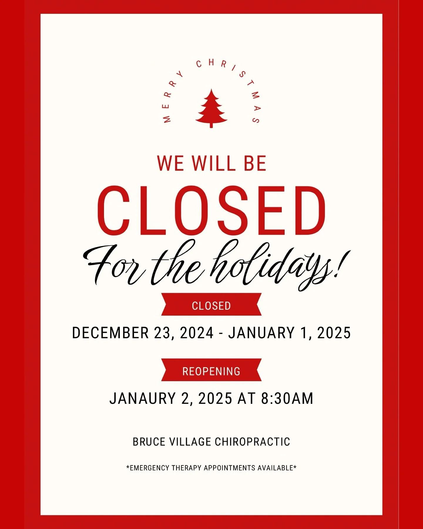 Merry Christmas and Happy Holidays! 🌟🎄 

Our team at Bruce Village will be taking a well deserved break for the holidays to spend time with our loved ones &hearts;️ 

We understand that times are tough, please remember that Rachel will be offering 