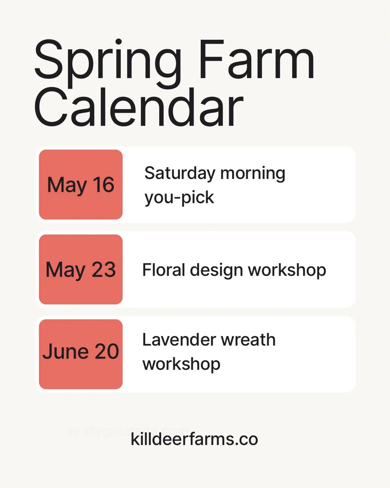 MARK YOUR CALENDAR! It&rsquo;s a good time to have a good time. 

We&rsquo;re blooming in full force over here, and there&rsquo;s no better time to visit the farm &mdash; it&rsquo;s packed with color, variety, and fragrance you don&rsquo;t want to mi